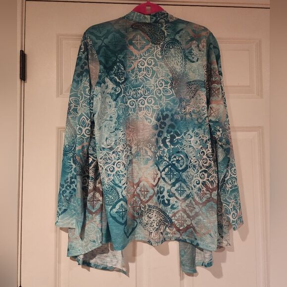 JM Collection teal and white rhinestone detail cardigan/long sleeve blouse 2X - Picture 5 of 5